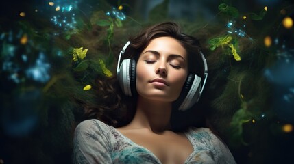 Young woman listening to music with headsets in the forest