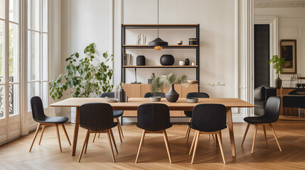 Une salle à manger élégante avec une table en bois clair, des chaises noires modernes, une étagère murale avec objets décoratifs et plantes d'un appartement à Paris. - obrazy, fototapety, plakaty