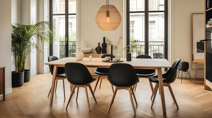 Un intérieur moderne d'un appartement parisien avec une table de salle à manger en bois clair entourée de chaises noires. - obrazy, fototapety, plakaty