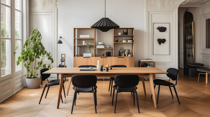 Une salle à manger moderne avec une table en bois et des chaises d'un appartement à Paris. - obrazy, fototapety, plakaty