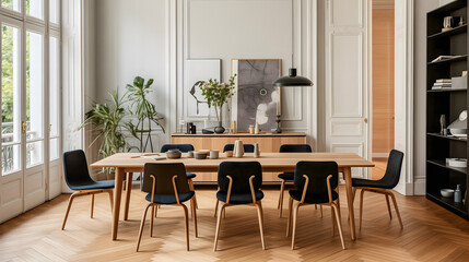 Une salle à manger avec une table en bois dans un appartement à Paris. Au sol, un parquet en chevron.  - obrazy, fototapety, plakaty