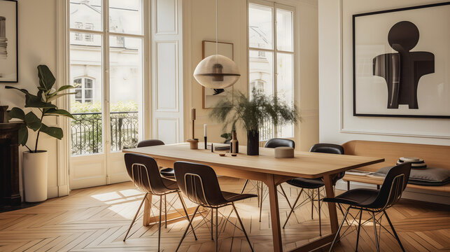 Une salle &agrave; manger lumineuse d'un appartement parisien avec une esth&eacute;tique moderne, caract&eacute;ris&eacute;e par une grande table en bois, des chaises design, une &oelig;uvre d'art au mur.