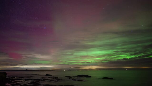 Scotland, East Lothian, Dunbar, time lapse movie of Aurora Borealis