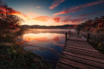 Wooden dock extending out into a scenic river, surrounded by lush green trees at sunset