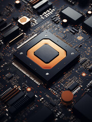 Close-up on modern and powerful CPU processor micro chip surrounding by other electrical components on board