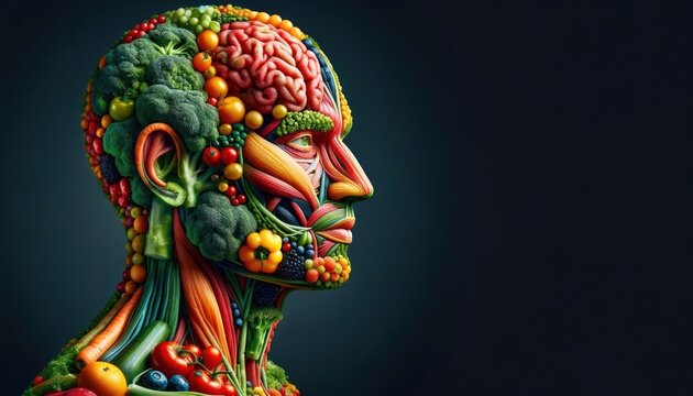 Anatomical Human Head Made of Fruit and Vegetables on Dark Background

