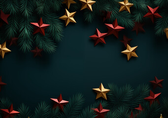 Naklejka na ściany i meble Christmas background with fir branches and red stars. Top view. 3d render