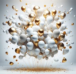 White and Gold Balloon Decorations Floating with Golden Confetti