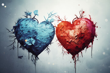 Cracked hearts with branches in grunge surreal mood . Valentines day greeting card