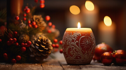 Obraz na płótnie Canvas Cozy holiday ambience with festive candles amidst winter decor