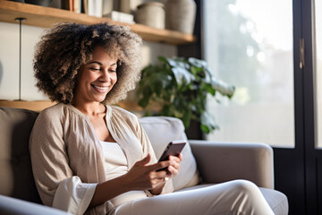 Happy casual beautiful woman holding mobile phone sitting on a sofa at home. Smiling woman checking social media using a  smartphone. 