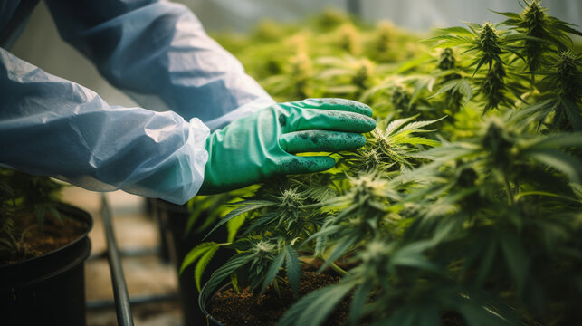 A scientist's hand close-up inspects the pleasant buds on a cannabis plant. Cannabis plantation.