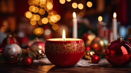 Obraz na płótnie Canvas Cozy holiday ambience with festive candles amidst winter decor