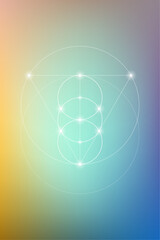 Sacred geometry spiritual new age futuristic illustration with transmutation interlocking circles, triangles and glowing particles