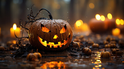 Spooky Halloween Pumpkin on Blurry Bokeh Background