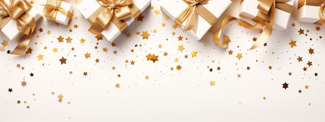 white gift boxes with gold bows and gold glitter confetti on white background.