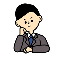 ビジネスパーソン　考える　困る　悩む　頬杖　男性　仕事　スーツ　イラスト	