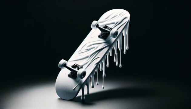 White skateboard with half of the board with dripping paint