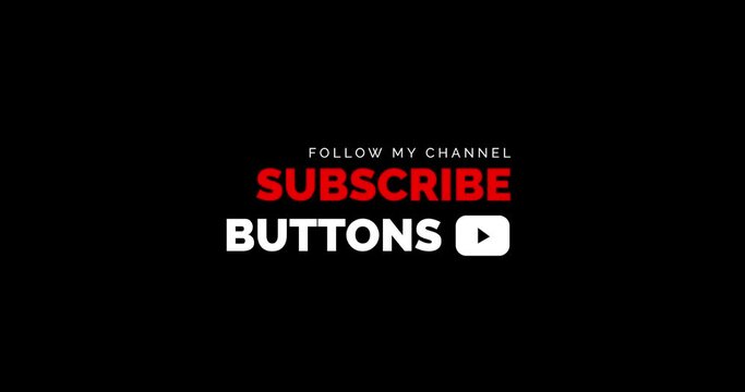 Social Media Subscribe Title. 3 textes, 1 play logo, red and white color. Dynamic and fast animation, 4K resolution