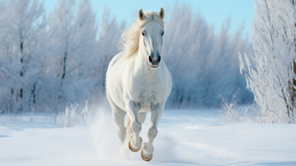 White horse running through snowdrifts in winter time.