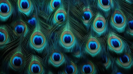 Fototapeta premium A wallpaper with the hyper-realistic appearance of a peacock's plumage, iridescent feathers spread in a glorious display.