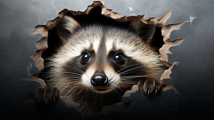 Scared and surprised raccoon leaning out of a torn paper hole on a blank white background, with space for text, dynamic pose and emotion - obrazy, fototapety, plakaty