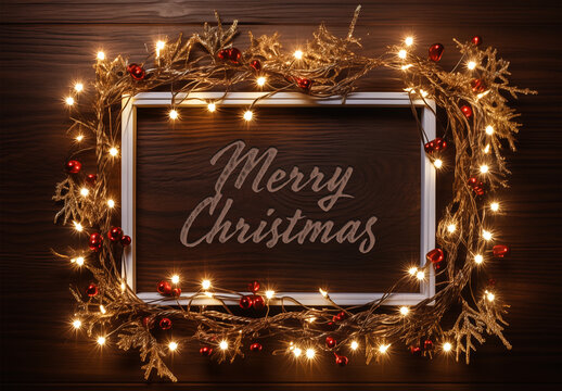 Christmas Frame Background With Festive Lights and Engraved Text - Generative ai
