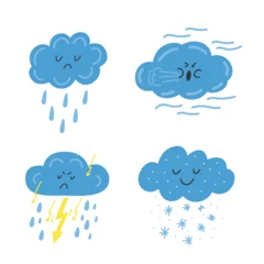 Fotobehang Various clouds set, weather, rain, thunder, thunderstorm, snow, wind, vector hand-drawn elements on a white background. © Kidzkamba