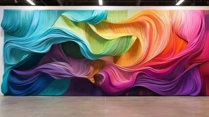 A wall mural that appears as a 3D tapestry of colorful threads woven together to create a stunning vista.