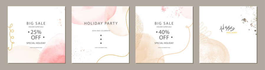 set of pink and beige watercolor artistic square template. Suitable for social media posts, cards, invitations, banner and web ads