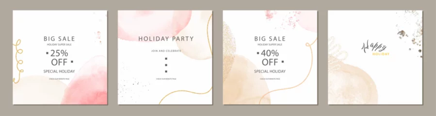 Outdoor-Kissen set of pink and beige watercolor artistic square template. Suitable for social media posts, cards, invitations, banner and web ads © Resa