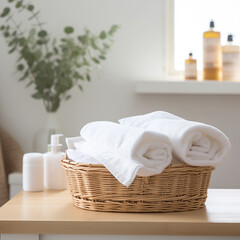 Fototapeta na wymiar Wicker basket with white towels on table in bathroom