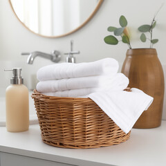 Obraz na płótnie Canvas Wicker basket with white towels on table in bathroom