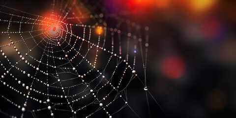 A spider's web is covered in dew drops with dark blur lighting background 
