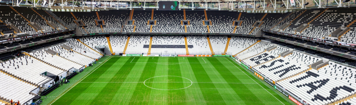 Istanbul, Besiktas - Turkey - 1.12.2023 Besiktas JK Football Club Stadium Panoramic View,Turkey Super League Soccer Team. High Behind Goal View to the Home team Goal Line
