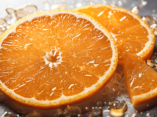 Slices of fresh orange with water drops on grey background, closeup
