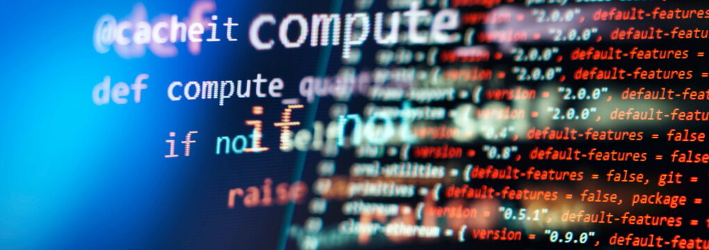 Programming code screen of software developer. Software Programming Work Time. Code text written and created