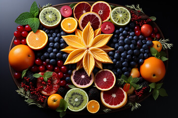 Assorted fresh fruits with vibrant colors artistically arranged on a dark background, including citrus, berries, and mint leaves.