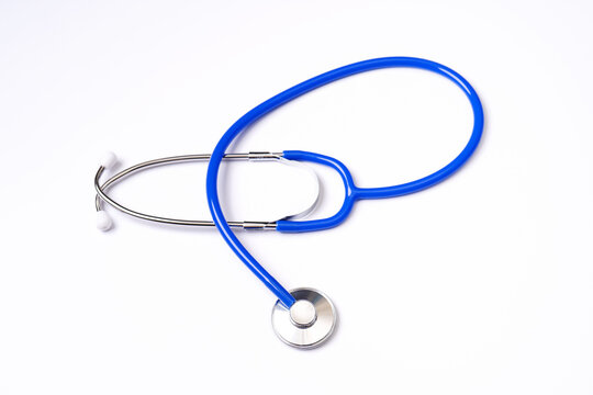 Blue stethoscope,object of doctor equipment,isolated on white background. Medical design concept,cut out,clipping path,top view,studio shot.