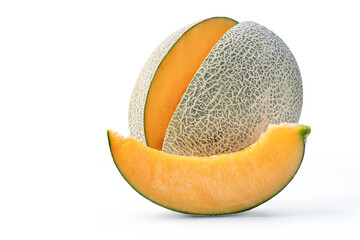 Close up, clipping path, cut out. Beautiful tasty rock cantaloup melon isolated on white background