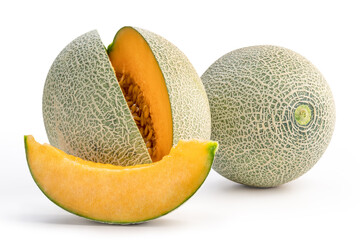 Close up, clipping path, cut out. Beautiful tasty sliced rock cantaloup melon isolated on white...