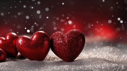 Obraz premium Glittering Red Hearts Lined on Snow - Symbol of Romantic Love and Warmth. Generative AI