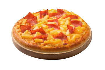 Delicious pizza with bacon, ham, mozzarella and tomato sauce, isolated on white background