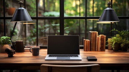 Workspace with notebook computer, blank screen and office equipment on wooden table - Powered by Adobe