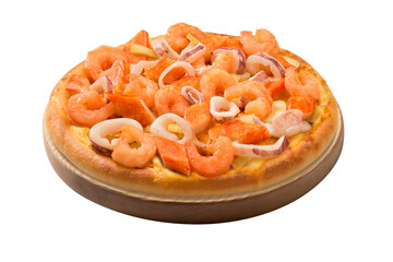 Delicious pizza with bacon, ham, mozzarella and tomato sauce, isolated on white background