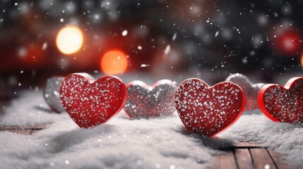 Fototapeta premium Glittering Red Hearts Lined on Snow - Symbol of Romantic Love and Warmth. Generative AI