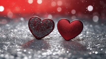 Glittering Red Hearts Lined on Snow - Symbol of Romantic Love and Warmth. Generative AI