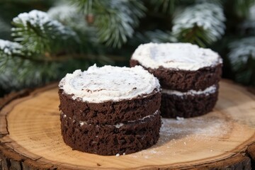 Homemade cake with Christmas tree decorations on festive table with dark background with copy space