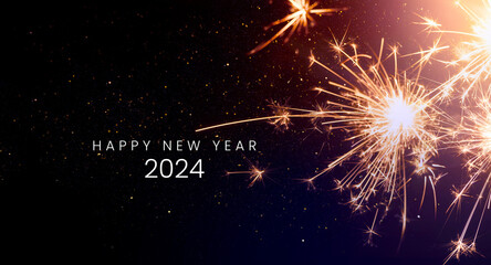 Happy new year 2024, New Year's Eve Party background greeting card - sparkling from fireworks for New Year's celebrations, banner design. on the dark blue night sky - Powered by Adobe
