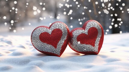 Fototapeta premium Glittering Red Hearts Lined on Snow - Symbol of Romantic Love and Warmth. Generative AI